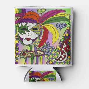 Psychedelic Mardi Gras Feather Mask Can Cooler
