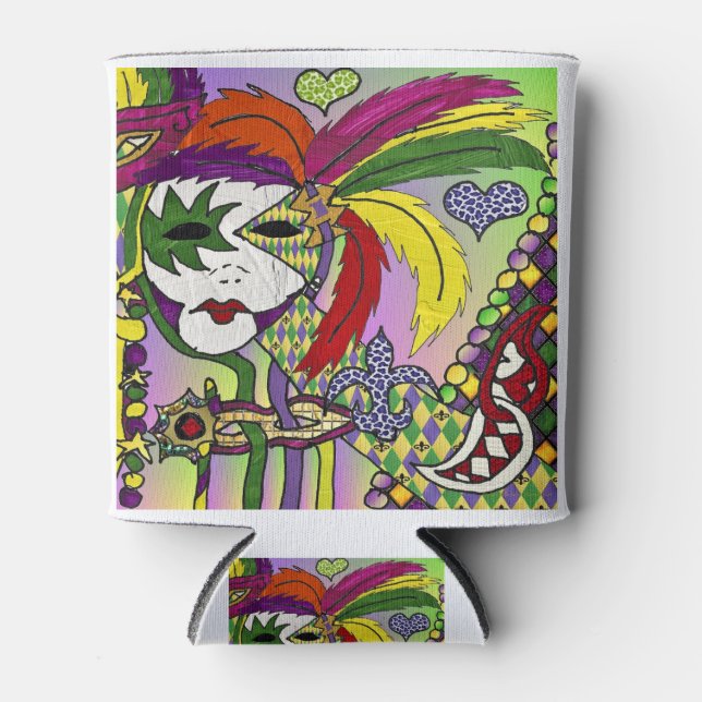 Psychedelic Mardi Gras Feather Mask Can Cooler (Front)