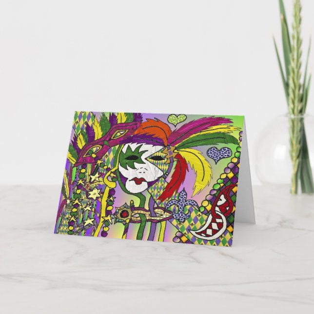 Psychedelic Mardi Gras Feather Mask Card (Front)