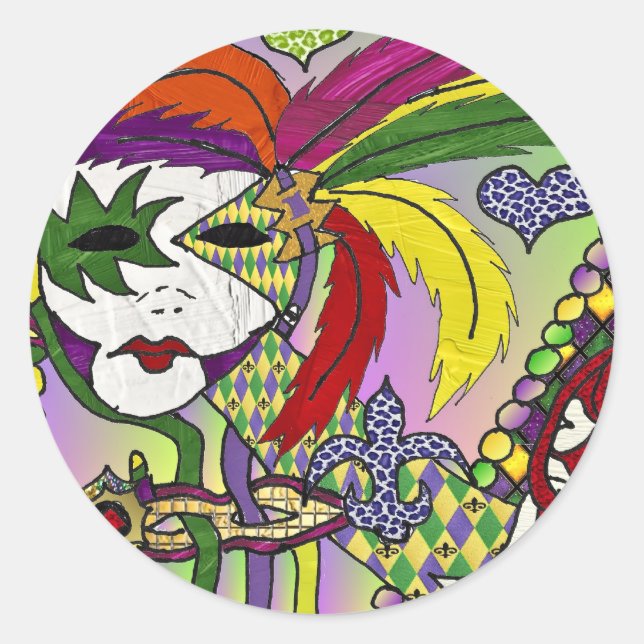 Psychedelic Mardi Gras Feather Mask Classic Round Sticker (Front)