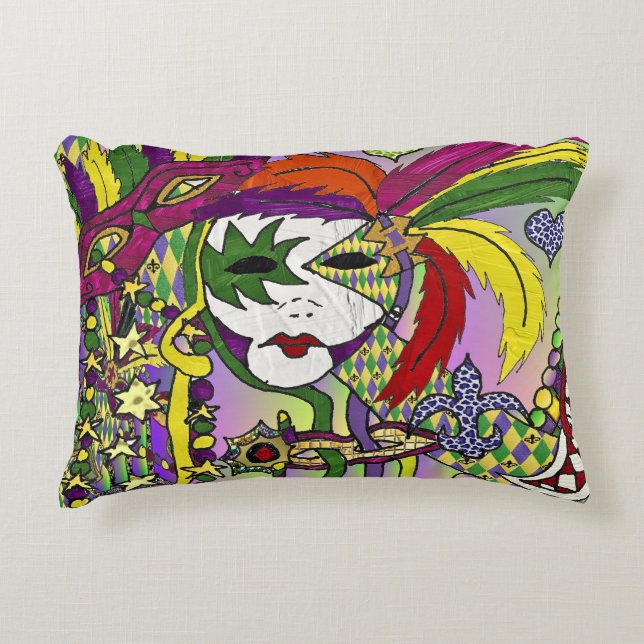 Psychedelic Mardi Gras Feather Mask Decorative Cushion (Front)