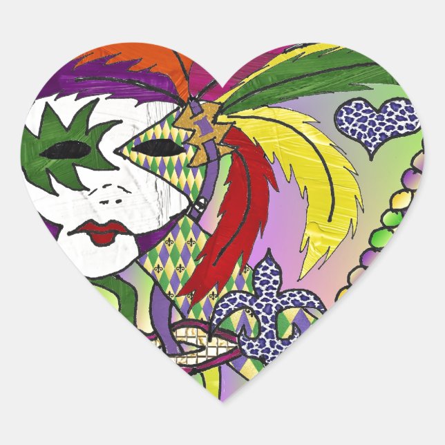 Psychedelic Mardi Gras Feather Mask Heart Sticker (Front)
