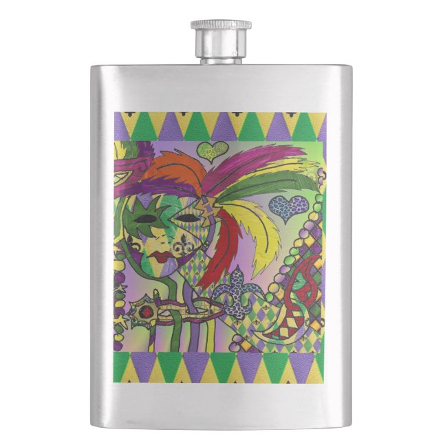 Psychedelic Mardi Gras Feather Mask Hip Flask (Front)