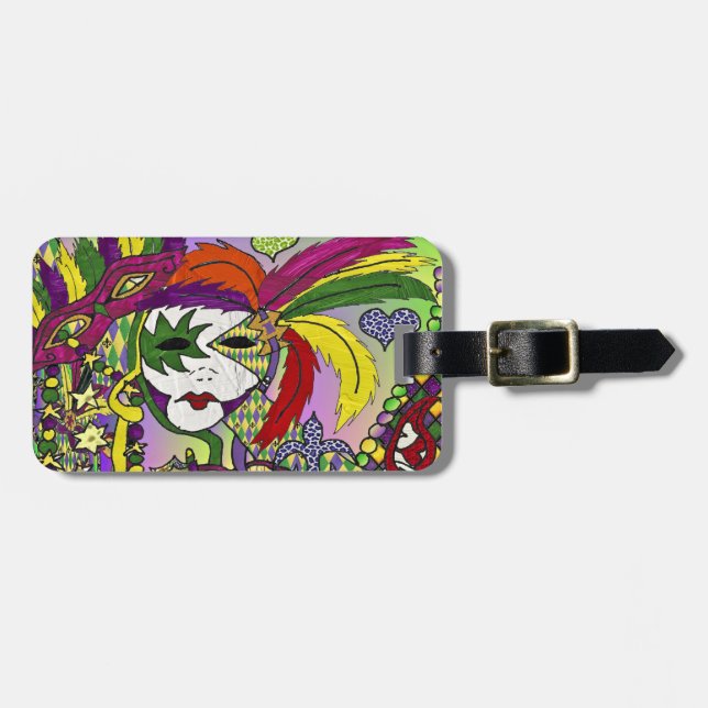 Psychedelic Mardi Gras Feather Mask Luggage Tag (Front Horizontal)