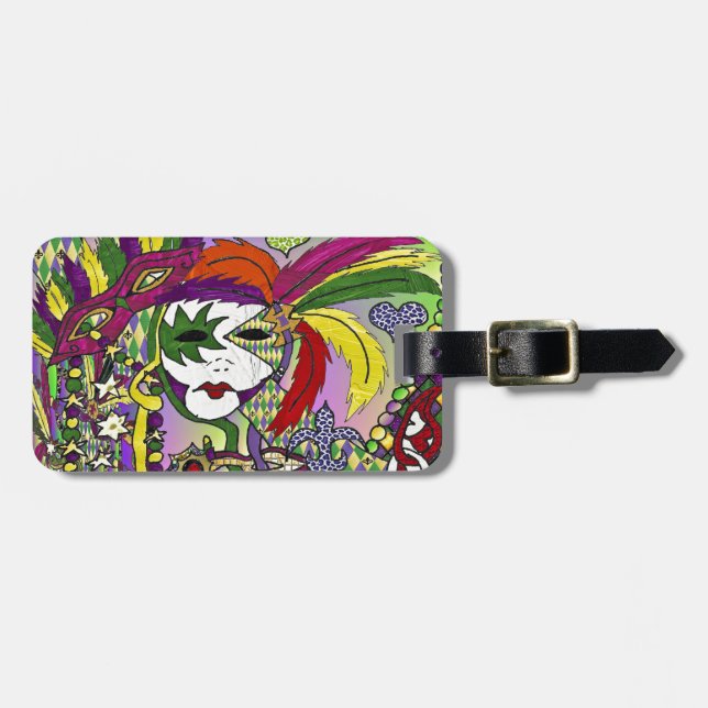 Psychedelic Mardi Gras Feather Mask Luggage Tag (Front Horizontal)