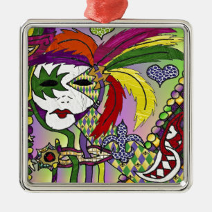 Psychedelic Mardi Gras Feather Mask Metal Tree Decoration
