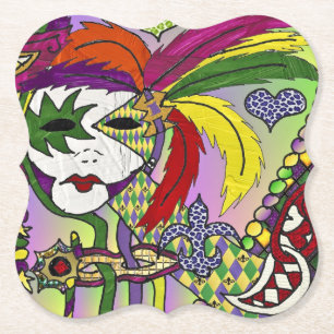 Psychedelic Mardi Gras Feather Mask Paper Coaster