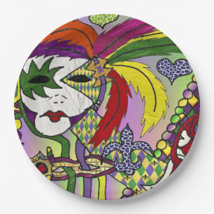 Psychedelic Mardi Gras Feather Mask Paper Plate