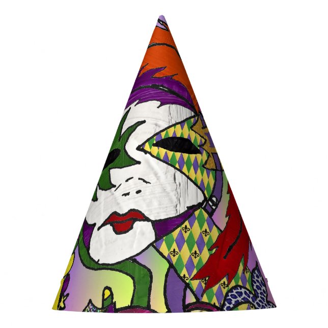 Psychedelic Mardi Gras Feather Mask Party Hat (Front)