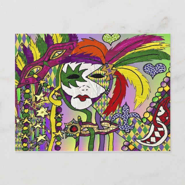 Psychedelic Mardi Gras Feather Mask Postcard (Front)