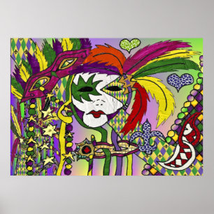 Psychedelic Mardi Gras Feather Mask Poster