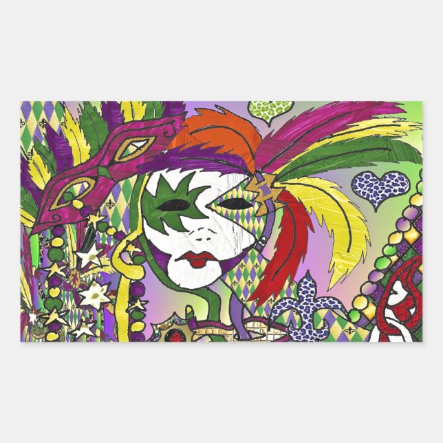 Psychedelic Mardi Gras Feather Mask Rectangular Sticker (Front)