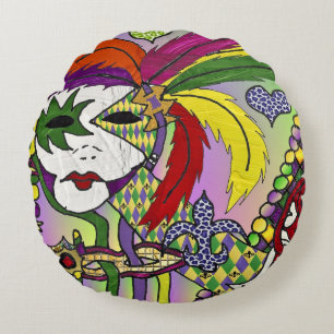 Psychedelic Mardi Gras Feather Mask Round Cushion