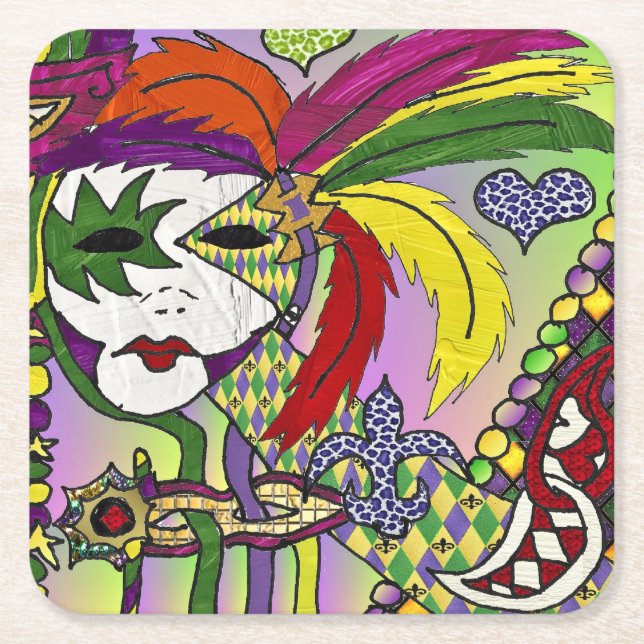 Psychedelic Mardi Gras Feather Mask Square Paper Coaster (Front)
