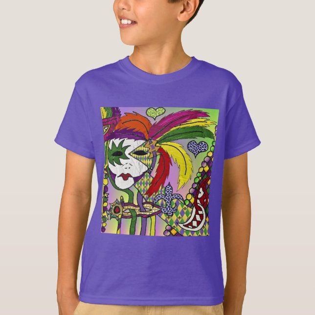 Psychedelic Mardi Gras Feather Mask T-Shirt (Front)
