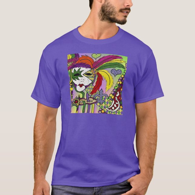 Psychedelic Mardi Gras Feather Mask T-Shirt (Front)