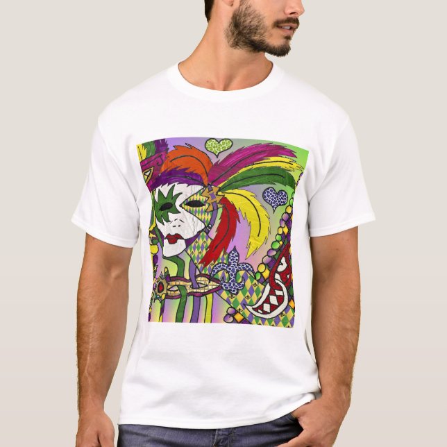 Psychedelic Mardi Gras Feather Mask T-Shirt (Front)