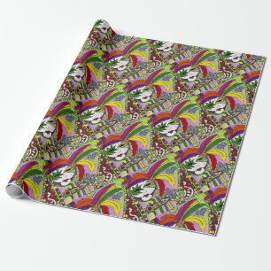 Psychedelic Mardi Gras Feather Mask Wrapping Paper