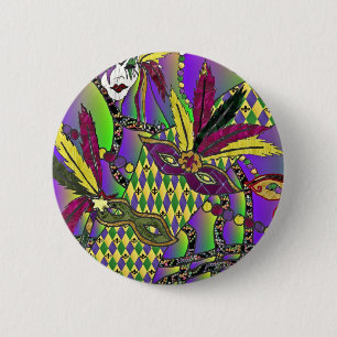 Psychedelic Mardi Gras Feather Masks 6 Cm Round Badge