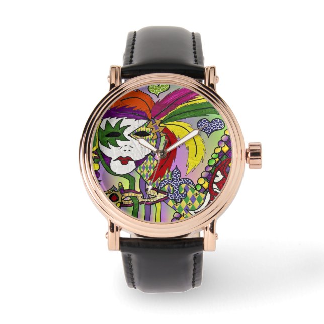 Psychedelic Mardi Gras Feather Masks Designer Watch (Front)