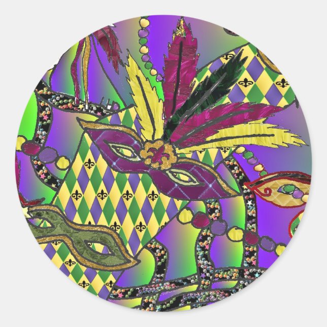 Psychedelic Mardi Gras Feather Masks Gifts Apparel Classic Round Sticker (Front)
