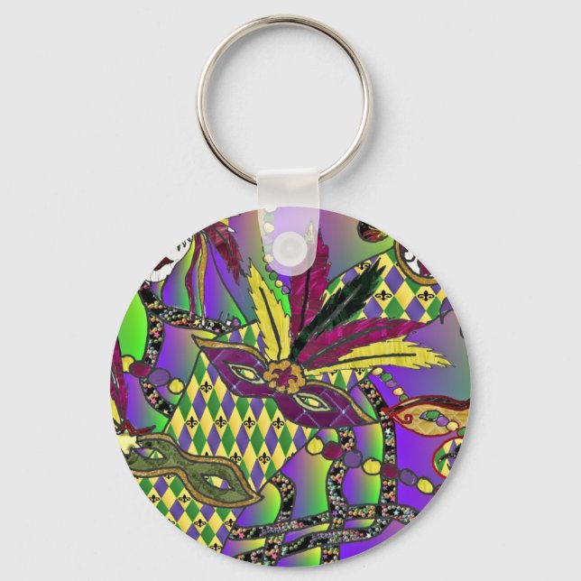 Psychedelic Mardi Gras Feather Masks Gifts Apparel Key Ring (Front)