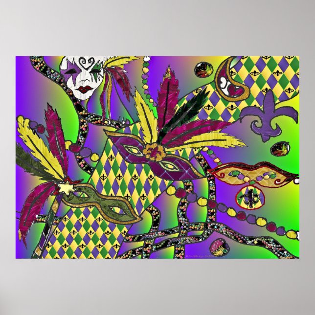 Psychedelic Mardi Gras Feather Masks Print Poster (Front)