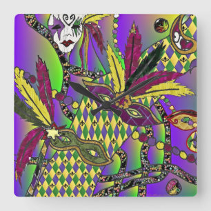 Psychedelic Mardi Gras Feather Masks Square Wall Clock