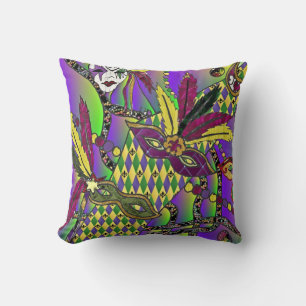 Psychedelic Mardi Gras Feather Masks Throw Pillow
