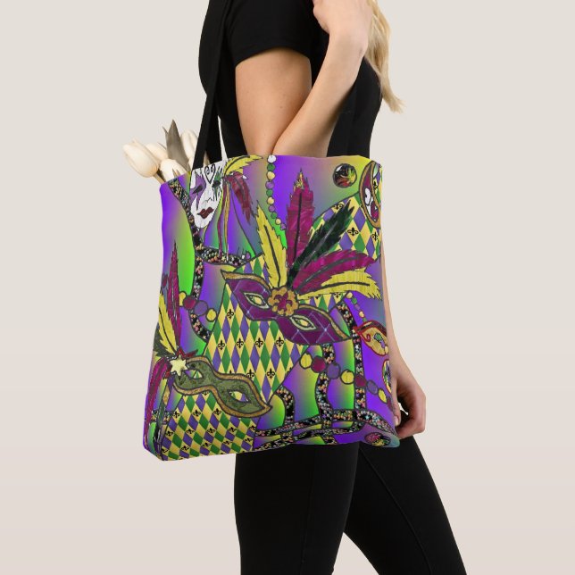 Psychedelic Mardi Gras Feather Masks Tote Bag (Close Up)