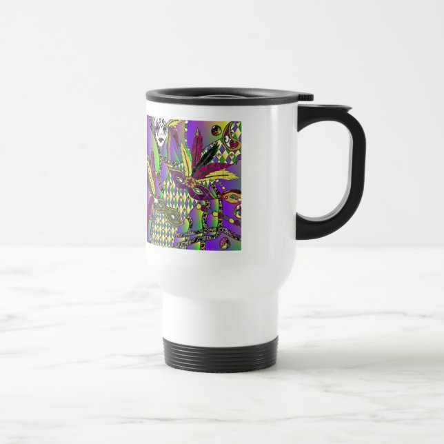Psychedelic Mardi Gras Feather Masks Travel Mug (Right)