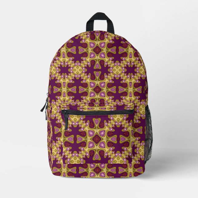 Psychedelic Mehdi Burgundy Mustard Yellow Printed Backpack (Front)
