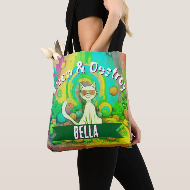 Psychedelic Meow & Destroy Personalised Cat  Tote Bag (Close Up)