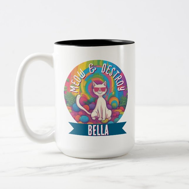 Psychedelic Meow & Destroy Personalised Cat  Two-Tone Coffee Mug (Left)
