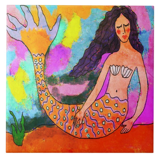 Psychedelic Mermaid Abstract Painting Tile (Front)