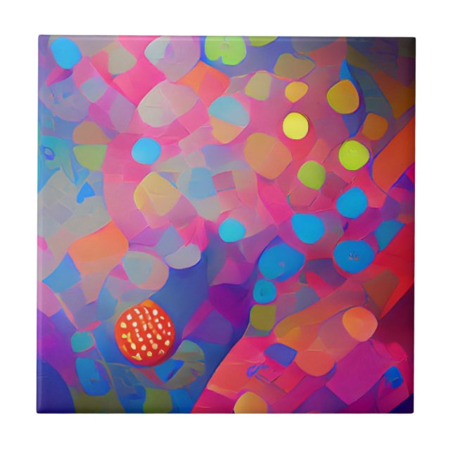 Psychedelic multicolored dots circles fuschia pink tile (Front)