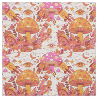 Psychedelic Mushroom and Rockets Retro Trippy Fabric
