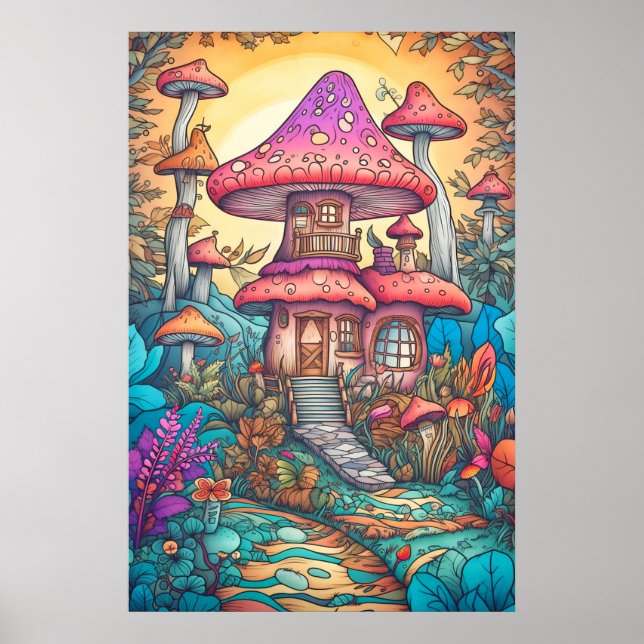 Psychedelic Mushroom Hut Deep In The Forest Poster (Front)