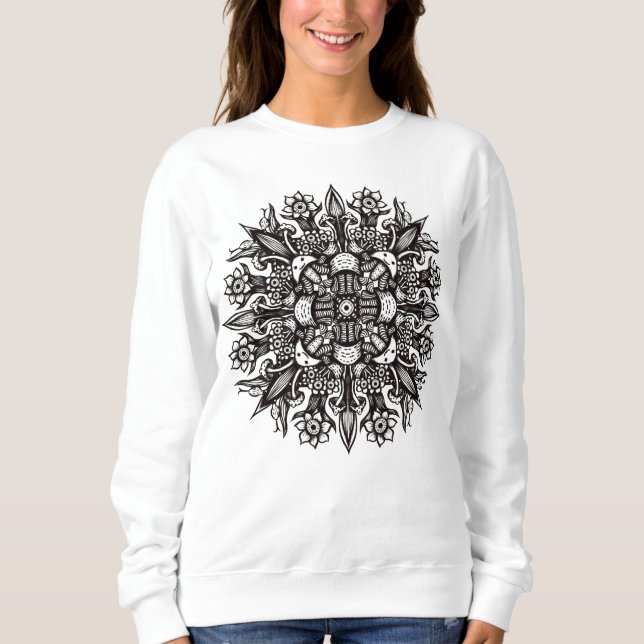 Psychedelic Mushroom Mandala Black And White Sweatshirt (Front)