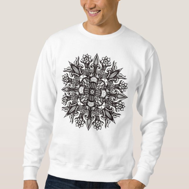 Psychedelic Mushroom Mandala Black And White Sweatshirt (Front)