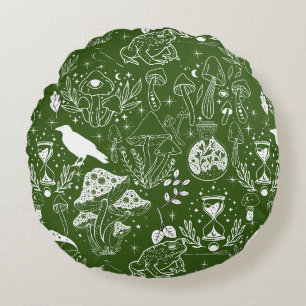 Psychedelic Mushroom Pattern 2D.BW.b D Green BG Round Cushion