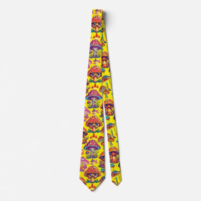 Psychedelic Mushroom Pattern 3D B.B Yellow BG Tie (Front)