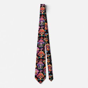 Psychedelic Mushroom Pattern 3D B.Black BG Tie