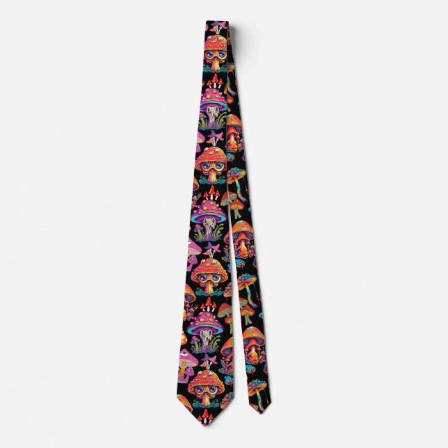 Psychedelic Mushroom Pattern 3D B.Black BG Tie (Front)