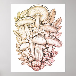 Psychedelic Mushrooms Black Background On a Wall Poster