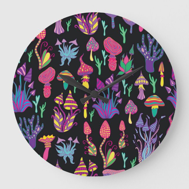 Psychedelic Mushrooms Rainbow Colours Pattern Large Clock (Front)