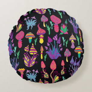 Psychedelic Mushrooms Rainbow Colours Pattern Round Cushion