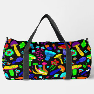 psychedelic mushrooms retro floral vibrant duffle bag