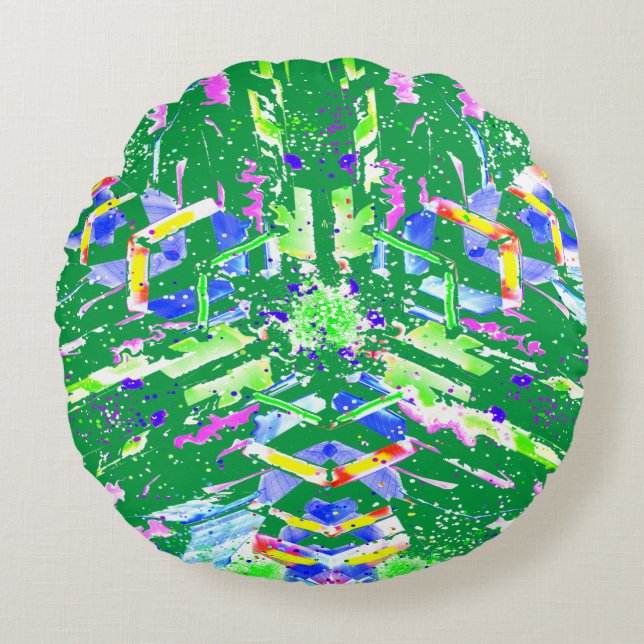 Psychedelic Neon Abstract Kaleidoscope Art  Round Cushion (Front)