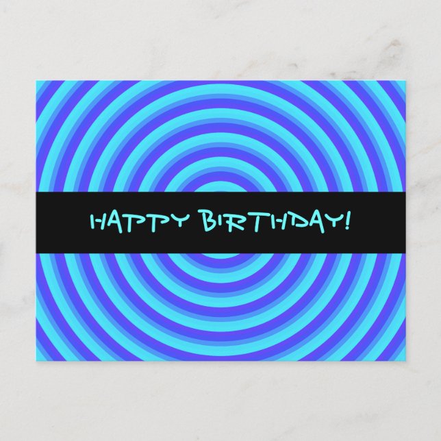 Psychedelic Neon Blue Circles Happy Birthday Postcard (Front)